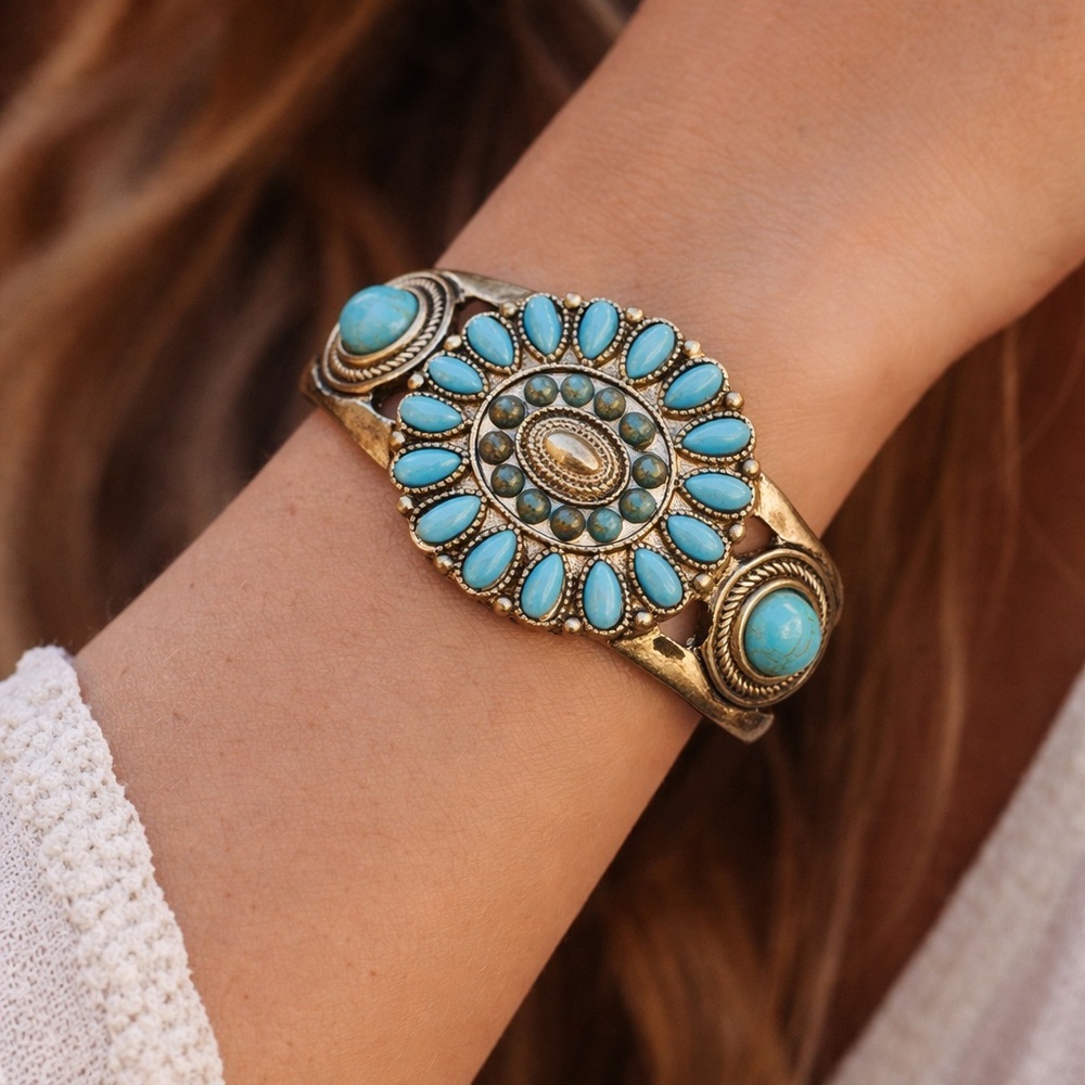 Southwestern Turquoise Style Wide Cuff Bracelet Boho Statement